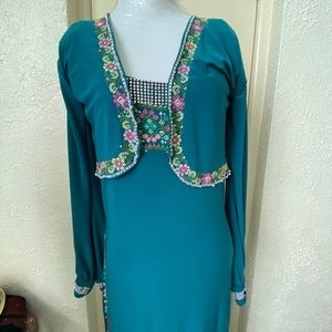 new S turquoise thob embroidered maxi dress